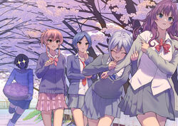  +_+ 5girls :3 :d :o bad_id bad_twitter_id basket blazer blue_eyes blue_hair blue_necktie blush bow bowtie cardigan cherry_blossoms closed_eyes collared_shirt colonnade cowboy_shot dress_shirt fence hair_between_eyes hand_up hayami_kanade holding holding_another&#039;s_arm holding_basket ichinose_shiki idolmaster idolmaster_cinderella_girls jacket jougasaki_mika lipps_(idolmaster) long_hair long_sleeves looking_at_another loose_bowtie loose_necktie miniskirt miyamoto_frederica morimiya_masayuki multiple_girls necktie off-shoulder_shirt off_shoulder open_cardigan open_clothes open_collar open_jacket open_mouth outdoors parted_bangs parted_lips plaid plaid_skirt pleated_skirt purple_hair red_necktie running school_uniform shiomi_syuko shirt short_hair skirt smile standing standing_on_one_leg striped_bow striped_bowtie striped_clothes striped_necktie striped_shirt sweatdrop thighhighs tree untucked_shirt walking yellow_eyes 