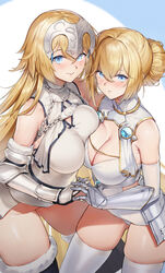  2girls areolae armor azur_lane blonde_hair blue_eyes blush breast_curtains breast_press breasts chains cleavage closed_mouth collar commentary covered_nipples duan_henglong elbow_gloves fate/apocrypha fate/grand_order fate_(series) faulds gauntlets gloves hair_bun headpiece highres holding_hands jeanne_d&#039;arc_(azur_lane) jeanne_d&#039;arc_(fate) jeanne_d&#039;arc_(third_ascension)_(fate) large_breasts long_braid long_hair looking_at_viewer metal_collar multiple_girls name_connection photoshop_(medium) single_hair_bun skindentation smile symmetrical_docking thighhighs thighs 