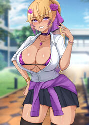  amesuku_gyaru bikini bikini_under_clothes black_skirt blonde_hair bracelet breasts choker cleavage collarbone collared_shirt commission dark-skinned_female dark_skin female flower gradient_hair grin gyaru hair_flower hair_ornament hand_on_own_hip highres jewelry kogal large_breasts long_hair looking_at_viewer micro_bikini multicolored_hair necklace ophelia_midnight parted_lips partially_unbuttoned pleated_skirt ponytail purple_hair shirt short_sleeves skirt sleeptopi smile solo swimsuit teeth unbuttoned unbuttoned_shirt v virtual_youtuber vreverie white_shirt 