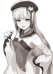  bare_shoulders beret braid breasts covered_navel detached_sleeves erune eyeliner female granblue_fantasy greyscale hat highres long_hair looking_at_viewer makeup monochrome multiple_braids nosuku open_mouth pholia quad_braids short_eyebrows side_braids sideless_outfit small_breasts smile solo thighs very_long_hair wide_sleeves 