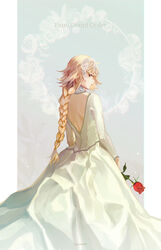  absurdres alternate_costume back backless_dress backless_outfit bad_id bad_pixiv_id blonde_hair blue_eyes braid braided_ponytail commentary copyright_name detached_collar dress fate/apocrypha fate/grand_order fate_(series) female flower headpiece highres holding holding_flower jeanne_d&#039;arc_(fate) jeanne_d&#039;arc_(lostroom_outfit)_(fate) long_dress long_hair long_sleeves looking_at_viewer looking_back mixed-language_commentary official_alternate_costume parted_lips ravell red_flower red_rose rose solo twitter_username very_long_hair white_dress 