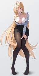  azur_lane black_choker black_pantyhose black_skirt blonde_hair blush breasts choker cleavage collarbone commentary_request covered_navel dress_shirt feet female full_body grey_background hair_between_eyes hand_on_own_thigh heel_up high-waist_skirt highres implacable_(azur_lane) implacable_(shepherd_of_the_&quot;lost&quot;)_(azur_lane) knees_together_feet_apart large_breasts legs long_hair long_sleeves no_shoes off_shoulder office_lady official_alternate_costume pantyhose partial_commentary partially_unbuttoned pencil_skirt red_eyes ropi_(yyuichi29) shirt shirt_slip shirt_tucked_in simple_background skirt solo standing thighs toes underbust very_long_hair wet wet_clothes wet_shirt white_shirt 