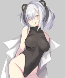  :q alternate_costume animal_ears arknights bare_shoulders bear_ears black_leotard blush breasts bright_pupils closed_mouth contrapposto covered_collarbone covered_navel cowboy_shot enoki_p feater_(arknights) female grey_background groin hair_over_one_eye highleg highleg_leotard highres leotard looking_at_viewer medium_breasts multicolored_hair open_clothes open_shirt orange_eyes shirt short_hair short_twintails simple_background smile solo streaked_hair tongue tongue_out twintails two-tone_hair undressing white_hair white_shirt 