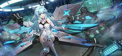  absurdres armor blue_eyes blue_gemstone blue_hair breasts character_request closed_mouth elbow_gloves energy_wings faulds feet_out_of_frame female gem gloves grey_gloves grey_thighhighs hair_intakes hair_ornament headpiece highres indoors leotard long_hair looking_at_viewer mechanical_arms medium_breasts official_art on_floor pink_gemstone sidelocks sitting smile solo sparks spinel_(9057) steam thighhighs vow_of_heroes white_leotard 