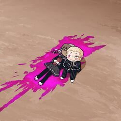  1boy black_legwear black_necktie black_shirt blood braid chibi closed_mouth collared_shirt corpse danganronpa_(series) danganronpa_2:_goodbye_despair female freckles from_above gamhwa grey_hair grey_skirt hair_ribbon highres jacket kuzuryu_fuyuhiko neckerchief necktie one_eye_closed own_hands_together pants pantyhose pekoyama_peko pink_blood pleated_skirt pool_of_blood red_neckerchief ribbon scar scar_across_eye shirt short_hair sitting skirt striped_clothes striped_jacket striped_pants tears twin_braids 