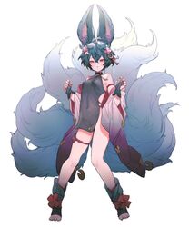  animal_ears arm_strap backless_outfit black_hair claw_pose covered_navel detached_sleeves erune female flower fox_ears fox_girl fox_tail full_body granblue_fantasy hair_between_eyes hair_flower hair_ornament highres koza_game large_tail looking_at_viewer multiple_tails red_eyes sideless_outfit solo tail thigh_strap white_background you_(granblue_fantasy) 