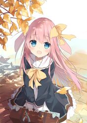  :d animal_ears autumn_leaves black_jacket blue_eyes bow commentary_request dress falling_leaves female hair_between_eyes hairbow highres holding jacket kushida_you leaf long_hair long_sleeves looking_at_viewer open_clothes open_jacket open_mouth original outdoors pink_hair rabbit_ears sailor_collar sleeves_past_wrists smile solo standing suitcase very_long_hair white_background white_dress white_sailor_collar yellow_bow 