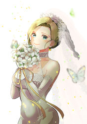  absurdres bare_shoulders bianca_(dq5) blonde_hair blue_eyes bouquet braid braided_ponytail breasts bridal_veil bride bug butterfly c-diamond closed_mouth commentary_request confetti dragon_quest dragon_quest_v dress earrings elbow_gloves female flower gloves hair_behind_ear hair_flower hair_ornament highres holding holding_bouquet jewelry large_breasts light_blush long_hair single_braid sleeveless sleeveless_dress smile solo upper_body veil wedding_dress white_dress white_flower white_gloves 