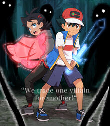  2boys antenna_hair baseball_cap black_hair black_pants blue_eyes blue_jacket commentary commission english_text forest goh_(pokemon) grey_footwear grey_shirt halo_(series) halo_3 hat highres holding holding_sword holding_weapon jacket male_focus multiple_boys nature open_mouth pants parody pokemon pokemon_(anime) pokemon_journeys red_footwear rusted_shield_(pokemon) rusted_sword_(pokemon) sara_bon satoshi_(pokemon) shirt shoes short_hair short_sleeves shorts sleeveless sleeveless_jacket socks sword t-shirt teeth tongue upper_teeth_only weapon white_shirt 