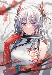  arknights bad_id bad_pixiv_id bare_shoulders bare_tree bead_bracelet beads blurry blurry_foreground bracelet breasts china_dress chinese_clothes colored_skin commentary coyucom depth_of_field dragon_horns dress female folded_fan folding_fan gradient_skin hand_fan highres holding holding_fan horns jewelry long_hair looking_at_viewer medium_breasts multicolored_hair nian_(arknights) nian_(unfettered_freedom)_(arknights) official_alternate_costume pointy_ears ponytail purple_eyes red_hair red_skin sidelocks sleeveless sleeveless_dress smile solo streaked_hair tree two-tone_hair upper_body white_dress white_hair 