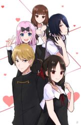  2boys 3girls :d absurdres black_bow black_dress black_hair black_jacket blonde_hair blue_eyes blue_hair bow brown_eyes brown_hair closed_mouth double_v dress everyone folded_ponytail fujiwara_chika grey_vest hair_over_one_eye hairbow headphones headphones_around_neck heart highres iino_miko ishigami_yuu jacket kaguya-sama_wa_kokurasetai_~tensai-tachi_no_renai_zunousen~ kato_yuurina long_hair long_sleeves looking_at_viewer low_twintails medium_hair multiple_boys multiple_girls open_mouth pinafore_dress pink_hair red_eyes school_uniform shinomiya_kaguya shirogane_miyuki short_hair shuuchiin_academy_school_uniform sleeveless sleeveless_dress smile summer_uniform twintails v vest winter_uniform 