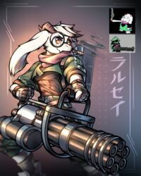  2023 4:5 abs anthro artdeitech bovid caprine clothed clothing deltarune eyewear gatling_gun glasses goat gun hi_res holding_gun holding_object holding_ranged_weapon holding_weapon horn long_ears machine_gun male mammal mario_smoking_weed muscular muscular_anthro muscular_male pecs ralsei ralsei_smoking_blunt ralsei_with_a_gun ranged_weapon round_glasses smoking solo undertale_(series) weapon 