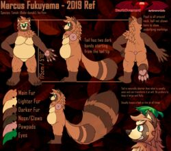  2019 4_toes 5_fingers anthro belly big_tail brown_arms brown_background brown_body brown_claws brown_ears brown_fur brown_markings brown_nose canid canine claws darkoverord digital_media_(artwork) english_text eyebrows facial_markings feet finger_claws fingerpads fingers fluffy fluffy_eyebrows fluffy_tail fur green_eyes head_markings head_tuft huge_tail leaf leg_markings male mammal marcus_fukuyama markings model_sheet neck_tuft overweight overweight_anthro overweight_male pawpads pink_pawpads plantigrade raccoon_dog ring_(marking) simple_background snout snout_markings socks_(marking) solo tail tan_belly tan_body tan_eyebrows tan_fur tan_inner_ear tan_markings tanuki text textured_background toe_claws toes tuft 