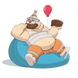  1:1 2019 american_black_bear anthro attached_to_balloon balloon bear belly black_bear breeze_in_the_clouds cake clothing dessert eating food hat headgear headwear hi_res inflatable kermode_bear male mammal overweight overweight_anthro overweight_male party_hat pile_(breeze_in_the_clouds) riisago shirt simple_background sitting solo topwear ursine white_background 