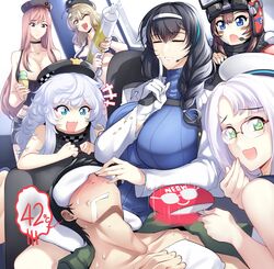  1boy 6+girls absurdres ahoge anis_(nikke) beret black_hair blue_eyes blush breasts brown_hair cat_hair_ornament cleavage closed_eyes cold_pack commander_(nikke) counters_(nikke) facepaint fever finger_to_mouth goddess_of_victory:_nikke green_eyes haganef hair_ornament hair_over_shoulder hat helmet highres large_breasts long_hair looking_at_viewer mary_(nikke) mica_(nikke) multicolored_hair multiple_girls neon_(nikke) night_vision_device oerba_yun_fang open_mouth poli_(nikke) police police_hat police_uniform policewoman rapi_(nikke) red_eyes sailor short_hair shushing sick smile tactical_clothes uniform very_long_hair white_hair white_headwear 