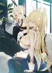  1boy 2girls agravain_(fate) ahoge animal_ears armor artoria_pendragon_(fate) artoria_pendragon_(swimsuit_ruler)_(fate) ass aunt_and_nephew back bare_shoulders black_armor black_hair black_leotard black_necktie black_ribbon blonde_hair blue_pantyhose braid breasts closed_mouth cover cover_image cover_page cup detached_collar doujin_cover drinking_glass fate/grand_order fate_(series) feather_boa fishnet_pantyhose fishnets french_braid glasses green_eyes hair_between_eyes hair_ribbon highleg highleg_leotard large_breasts leotard long_hair looking_at_viewer medium_breasts multiple_girls mysterious_heroine_x_alter_(fate) necktie nogi_(acclima) pantyhose playboy_bunny ponytail rabbit_ears resting ribbon short_hair sidelocks sitting strapless strapless_leotard thighs tiara tray white_leotard window wrist_cuffs yellow_eyes 