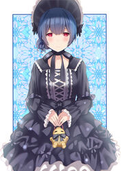  black_bow black_dress blue_hair blush bonnet bow bright_pupils closed_mouth dress eyebrows_hidden_by_hair female frilled_dress frills gothic_lolita hair_bun highres holding holding_toy idolmaster idolmaster_shiny_colors koukoku lolita_fashion long_sleeves morino_rinze red_eyes short_hair single_hair_bun solo toy upper_body zipper 