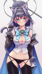  absurdres animal_ears black_gloves black_panties black_thighhighs blue_cape blue_eyes blue_hair blush bow bow_earrings bowtie breasts cape cat_ears cat_tail chain_headband chains cleavage_cutout closed_mouth clothing_cutout commentary cowboy_shot detached_sleeves earrings female gloves hair_intakes halo headband highres hololive hololive_english jewelry large_breasts looking_at_viewer mechanical_halo no_pants ouro_kronii panties paw_pose shironekokfp skirt solo tail thighhighs underwear veil virtual_youtuber 