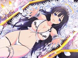  asymmetrical_legwear babydoll black_hair blue_eyes blush breasts bridal_legwear candelabra candle candle_wax candlestand cleavage coffin falling_petals female fire fishnet_thighhighs fishnets floral_print flower groin halo highres large_breasts long_hair looking_at_viewer mismatched_legwear official_art open_mouth petals ryouki_(senran_kagura) senran_kagura senran_kagura_estival_versus senran_kagura_new_link smile solo thigh_strap thighhighs tiara white_babydoll white_flower white_thighhighs wrist_cuffs yaegashi_nan 