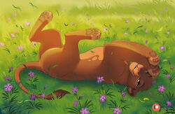  disney felid female feral flower fur grass half-closed_eyes hindpaw legs_up lion looking_at_viewer lying mammal narrowed_eyes nirmala_(the_lion_guard) on_back on_grass outside pantherine pawpads paws plant reallynxgirl smile solo text the_lion_guard the_lion_king 