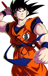  1boy absurdres arm_at_side arm_up black_eyes black_hair blue_sash blue_wristband bo_staff clenched_hand closed_mouth clothes_writing collarbone colorful commentary_request cowboy_shot dougi dragon_ball dragon_ball_(classic) dragon_ball_z dutch_angle facing_viewer fingernails hand_on_weapon highres kanji looking_afar male_focus messy_hair muscular muscular_male obi orange_pants pants ruyi_jingu_bang sash sekitsuki_hayato short_sleeves sidelighting simple_background smirk solo son_goku spiked_hair undershirt weapon white_background wristband 