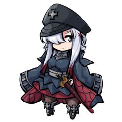  armor armored_skirt azur_lane black_coat blue_eyes breastplate chibi coat cross female full_body hair_over_one_eye hat iron_cross military_hat multicolored_coat multicolored_hair odin_(azur_lane) open_clothes open_coat padded_coat pantyhose peaked_cap red_coat red_hair solo streaked_hair sugoidere sword transparent_background two-tone_coat two-tone_hair weapon white_hair 