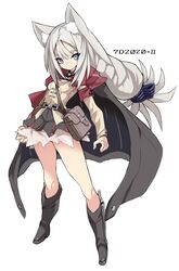  7th_dragon_(series) 7th_dragon_2020 7th_dragon_2020-ii animal_ear_fluff animal_ears armband black_cape black_footwear black_skirt blue_eyes boots braid breasts brown_shirt cape closed_mouth commentary_request female grey_hair highres karukan_(monjya) long_hair long_sleeves looking_at_viewer lucier_(7th_dragon) pleated_skirt shirt short_eyebrows simple_background single_braid skirt small_breasts solo thick_eyebrows very_long_hair white_background 