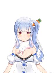  airani_iofifteen_(artist) bare_shoulders blue_hair blush bow breasts breasts_apart carrot carrot_hair_ornament clothing_cutout commentary creature detached_sleeves don-chan_(usada_pekora) english_commentary female food-themed_hair_ornament hair_ornament hairbow highres hololive long_hair looking_at_viewer multicolored_hair orange_eyes playboy_bunny pom_pom_(clothes) puffy_detached_sleeves puffy_sleeves redrawn scarf short_eyebrows side_ponytail sidelocks simple_background small_breasts smile solo straight-on template thick_eyebrows two-tone_hair usada_pekora usada_pekora_(1st_costume) virtual_youtuber white_bow white_hair yuuki_hagure 