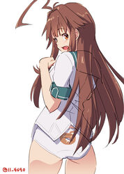  4690_(tkpbsk) ahoge animal_print back-print_panties bear_panties bear_print brown_eyes brown_hair cowboy_shot female from_behind green_sailor_collar huge_ahoge kantai_collection kuma_(kancolle) kuma_kai_ni_(kancolle) long_hair looking_at_viewer looking_back oerba_yun_fang one-hour_drawing_challenge panties print_panties pun sailor_collar school_uniform serafuku shirt simple_background solo twitter_username underwear white_background white_panties white_shirt 