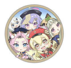  5girls :3 :d ahoge animal_ear_fluff animal_ears animal_hood backpack bag bag_charm bangs_pinned_back black_gloves black_scarf blonde_hair blue_eyes blunt_bangs blush brown_gloves brown_scarf cabbie_hat cat_ears charm_(object) chestnut_mouth chibi clover_print coat coin_hair_ornament commentary_request diona_(genshin_impact) dodoco_(genshin_impact) elbow_gloves fake_animal_ears forehead genshin_impact gloves green_eyes grey_hair hair_between_eyes hair_ornament hat hat_feather hat_ornament highres hood jiangshi klee_(genshin_impact) leaf leaf_on_head light_brown_hair long_hair long_sleeves looking_at_viewer low_twintails miyuu_(user_wjnw3483) multiple_girls ninja ofuda orange_eyes outstretched_arms paimon_(genshin_impact) parted_lips pink_hair pocket pointy_ears purple_eyes purple_hair qingdai_guanmao qiqi_(genshin_impact) raccoon_ears raccoon_hood randoseru red_coat red_headwear round_image sayu_(genshin_impact) scarf short_hair short_sleeves sidelocks simple_background smile spread_arms stuffed_animal stuffed_toy thick_eyebrows twintails waving white_background white_hair 