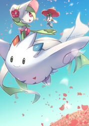  1other absurdres bonnet capelet closed_mouth commentary_request day falling_petals flat_chest floette floette_(red_flower) flower gardevoir gardevoir_(fashionable) green_hair happy highres open_mouth outdoors petals pokemon pokemon_(creature) pokemon_unite red_flower riding riding_pokemon sky smile togekiss twitter_username watermark white_headwear yanagimachi 