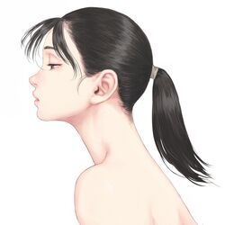  black_eyes black_hair completely_nude female from_side half-closed_eyes nude original parted_lips ponytail profile shu-mai simple_background solo white_background 