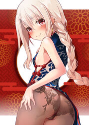  ass back bare_shoulders blue_dress blush braid braided_ponytail breasts brown_pantyhose china_dress chinese_clothes cosplay dress earrings embroidered_legwear fate/grand_order fate/kaleid_liner_prisma_illya fate_(series) female hair_between_eyes highres illyasviel_von_einzbern jewelry long_hair looking_at_viewer looking_back mochi_(k620803n) panties panties_under_pantyhose pantyhose red_eyes sidelocks small_breasts smile solo tassel tassel_earrings underwear white_hair yu_mei-ren_(fate) yu_mei-ren_(fate)_(cosplay) yu_mei-ren_(spare_the_idle_talk)_(fate) 