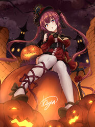  absurdres artist_name asanaya bat_(animal) black_gloves black_hat breasts cleavage commentary female gloves halloween hat heterochromia highres hololive houshou_marine houshou_marine_(gothic_lolita) jack-o&#039;-lantern large_breasts legs long_hair long_sleeves looking_at_viewer night night_sky official_alternate_costume official_alternate_hair_length official_alternate_hairstyle outdoors pumpkin red_eyes red_hair revision see-through see-through_cleavage signature sitting sky solo star_(sky) starry_sky thighhighs twintails very_long_hair virtual_youtuber white_thighhighs yellow_eyes 