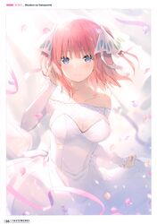  6u_(eternal_land) absurdres adjusting_hair bare_shoulders blurry blurry_background blush bow breasts character_name cleavage closed_mouth collarbone copyright_name depth_of_field dress female go-toubun_no_hanayome hair_ornament hair_ribbon hairbow hand_in_own_hair hand_up highres holding long_sleeves looking_at_viewer medium_breasts nakano_nino off-shoulder_dress off_shoulder page_number petals pink_hair purple_eyes ribbon scan see-through short_hair simple_background skirt_hold sleeves_past_wrists smile solo sparkle strapless strapless_dress two_side_up wedding_dress white_dress white_ribbon 