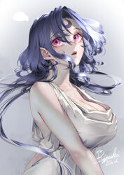  arms_at_sides bare_shoulders blue_hair blush breasts cleavage collarbone commentary_request dated dress eyelashes facial_mark female forehead_mark grey_background hair_between_eyes highres large_breasts long_hair looking_at_viewer makeup mascara original parted_bangs pink_eyes pink_lips ryuki@maguro-ex sidelocks signature sleeveless sleeveless_dress solo teeth upper_body upper_teeth_only very_long_hair white_dress 