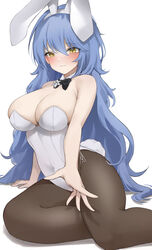  absurdres animal_ears black_pantyhose blue_hair blush bow bowtie breasts covered_navel detached_collar embarrassed fake_animal_ears fake_tail female girls&#039;_frontline hair_between_eyes haku_(liiixixixiii) hexagram highres large_breasts leotard long_hair looking_at_viewer official_alternate_costume pantyhose playboy_bunny rabbit_ears rabbit_tail side-tie_leotard sitting solo star_of_david strapless strapless_leotard tail tar-21_(girls&#039;_frontline) tar-21_(night_at_the_bar)_(girls&#039;_frontline) traditional_bowtie white_footwear white_leotard yellow_eyes 