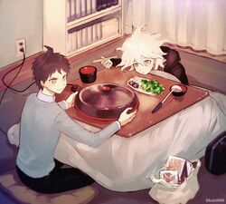  2boys ahoge bad_id bad_twitter_id bag black_hoodie black_pants blush book bookshelf bowl box brown_eyes brown_hair chopsticks commentary cup curtains cushion danganronpa_(series) danganronpa_2:_goodbye_despair extension_cord food frown grey_eyes grey_shirt hajime_(gitoriokawaii) hinata_hajime holding holding_chopsticks holding_stove hood hoodie indoors komaeda_nagito kotatsu ladle long_sleeves looking_at_another looking_to_the_side male_focus multiple_boys mushroom muted_color pants plate pout school_bag shirt shopping_bag short_hair smile table twitter_username under_kotatsu under_the_table white_hair white_shirt yunomi zabuton 