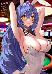  absurdres animal_ears arms_behind_head bad_id bad_twitter_id blue_hair blush bow bowtie breasts casino casino_card_table covered_navel detached_collar embarrassed fake_animal_ears female girls&#039;_frontline hair_between_eyes hexagram highres indoors large_breasts leotard long_hair official_alternate_costume playboy_bunny rabbit_tail rum_raisin_(chihiromakita19) side-tie_leotard signature slot_machine solo star_of_david table tail tar-21_(girls&#039;_frontline) tar-21_(night_at_the_bar)_(girls&#039;_frontline) traditional_bowtie white_leotard yellow_eyes 