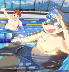  anthro canid canine canis clothing domestic_dog duo hair hi_res human lifewonders male mammal martuguma moritaka_(tas) nipples overweight overweight_male poolside red_hair ryouta_yakushimaru scar swimming swimming_cap swimwear tokyo_afterschool_summoners 