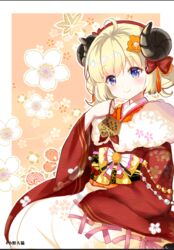  ahoge animal_ears blonde_hair blue_eyes blush bow brown_background brown_flower chinese_commentary closed_mouth commentary_request curled_horns ema female floral_background flower fur_collar hair_between_eyes hair_bun hair_flower hair_ornament hairbow hakama hakama_skirt hand_up holding hololive horns japanese_clothes kimono long_sleeves looking_at_viewer lunacats obi official_alternate_hair_length official_alternate_hairstyle red_bow red_kimono sash sheep_ears sheep_girl sheep_horns single_hair_bun skirt smile solo tsunomaki_watame tsunomaki_watame_(new_year) two-tone_background virtual_youtuber white_background white_hakama wide_sleeves 