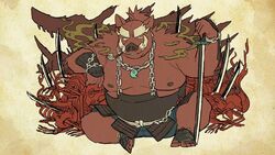  2020 anthro belly humanoid_hands kemono male mammal moobs nipples osansyoup overweight overweight_anthro overweight_male sitting solo suid suina sus_(pig) weapon wild_boar 