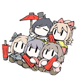  5girls asakaze_(kancolle) black_hair black_headwear blue_bow blue_hakama bow brown_hair brown_legwear chibi closed_eyes commentary_request drill_hair green_hakama grey_hakama hairbow hakama harukaze_(kancolle) hat hatakaze_(kancolle) headgear holding japanese_clothes kamikaze_(kancolle) kantai_collection kimono long_hair matsukaze_(kancolle) meiji_schoolgirl_uniform multiple_girls no_mouth parted_bangs pink_hakama pink_kimono purple_hair red_bow red_hakama red_kimono red_umbrella shoes short_hair sidelocks simple_background task_(s_task80) top_hat twin_drills umbrella wavy_hair white_background white_kimono yellow_bow yellow_kimono |_| 