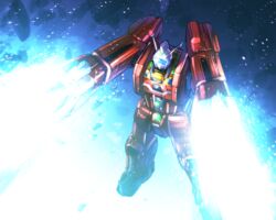  assault_visor blue_visor commentary_request densetsu_kyojin_ideon firing floating highres ideon ishiyumi laser looking_down mecha mecha_focus no_humans robot science_fiction solo space super_robot 