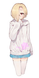  arm_at_side blue_skirt brown_eyes cropped_legs drawstring earclip female hair_over_one_eye highres hood hood_down hoodie idolmaster idolmaster_cinderella_girls light_blush long_sleeves looking_at_viewer miniskirt one_eye_covered pleated_skirt shirasaka_koume shone short_hair simple_background skirt sleeves_past_fingers sleeves_past_wrists smile solo thighhighs white_background white_hoodie white_thighhighs zettai_ryouiki 