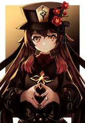  absurdres black_headwear black_nails blush brown_hair female flower genshin_impact half-closed_eyes hat highres hu_tao_(genshin_impact) jewelry long_hair long_sleeves looking_to_the_side low_twintails multicolored_hair nail_polish red_eyes red_hair ring ripnte symbol-shaped_pupils thumb_ring top_hat twintails two-tone_hair very_long_hair 