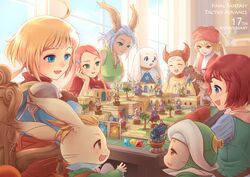  3boys 3girls 3others :d ahoge anniversary babus_swain bangaa black_mage_(final_fantasy) blue_eyes brown_hair card closed_eyes collar dark-skinned_female dark_skin doned_radiuju drill_hair earrings everyone facial_mark final_fantasy final_fantasy_tactics_advance fingerless_gloves forehead_mark gadgeteer_(final_fantasy_tactics_advance) gem gloves green_eyes grey_hair hair_ornament hairclip haruhito_(pixiv56745) indoors jewelry llednar_twem marche_radiuju mewt_randell miniature montblanc moogle multiple_boys multiple_girls multiple_others ninja_(final_fantasy_tactics_advance) nono_(final_fantasy) nu_mou red_hair red_headwear red_mage_(final_fantasy) ritz_malheur shara short_hair shoulder_spikes smile spikes star_(symbol) table templar_(final_fantasy_tactics_advance) viera white_mage_(final_fantasy) window 