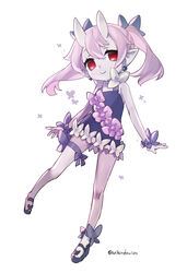  ankle_bow arikindows10 bare_arms bare_legs bieko_(disgaea) black_footwear bow choker closed_mouth disgaea dress dress_bow earrings female full_body hairbow highres horns jewelry legs_apart looking_at_viewer makai_senki_disgaea_6 panties pink_hair purple_dress purple_wrist_cuffs red_eyes ribbon_choker shoes short_dress short_hair skin-covered_horns smile solo twintails twitter_username underwear white_background white_panties wrist_bow 