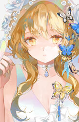  bare_shoulders blonde_hair blue_butterfly breasts bug butterfly butterfly_hair_ornament choker cleavage collarbone dress female fingernails flower genshin_impact grey_butterfly hair_flower hair_ornament hyatsu jewelry light_smile long_hair lumine_(genshin_impact) parted_lips rose sidelocks solo upper_body white_choker white_dress white_flower white_rose yellow_butterfly yellow_eyes yellow_nails 