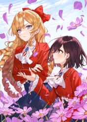  2girls black_eyes black_hair blonde_hair blue_eyes blue_skirt blush claire_francois cloud cloudy_sky commentary_request cover_image crossed_arms drill_hair floating_hair flower from_side gem half_updo hanagata jacket light_frown light_smile long_hair multiple_girls official_art outstretched_hand petals profile rae_taylor red_jacket school_uniform short_hair skirt sky v-shaped_eyebrows very_long_hair watashi_no_oshi_wa_akuyaku_reijou wind yuri 